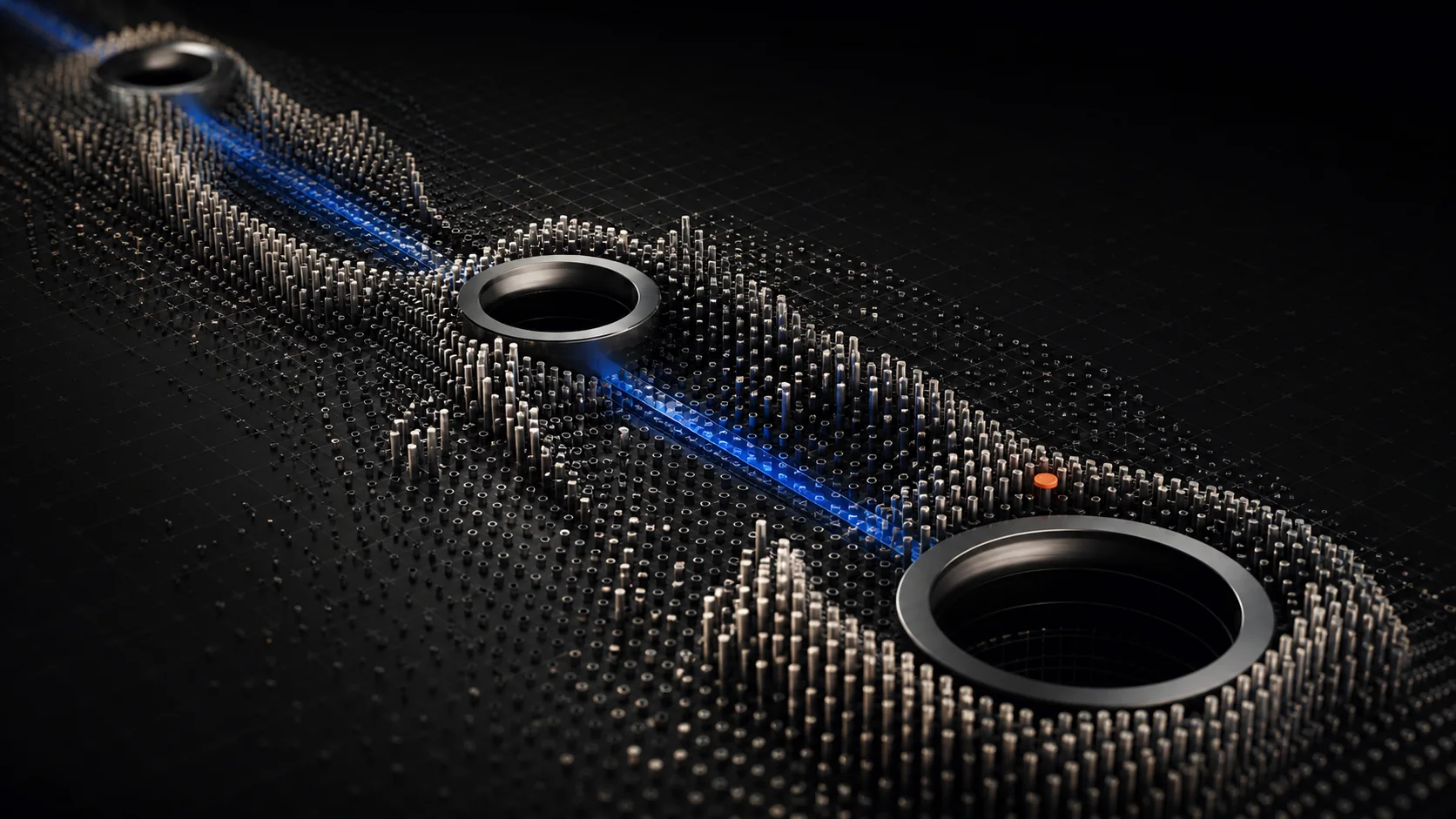 Dark machined topography representing FokaLabs products as one connected system